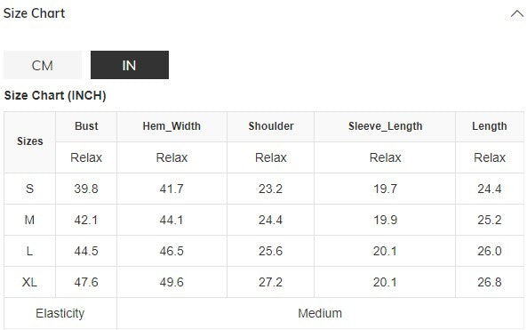 Size chart for clothing measurements in centimeters and inches