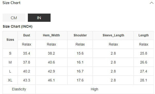 Size chart for clothing measurements in centimeters and inches