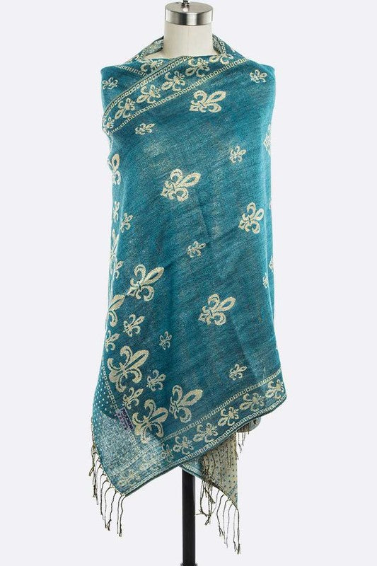 Blue scarf with white floral patterns on a mannequin against a white background