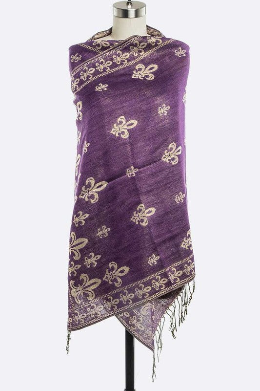 Purple scarf with white floral patterns on a mannequin against a white background