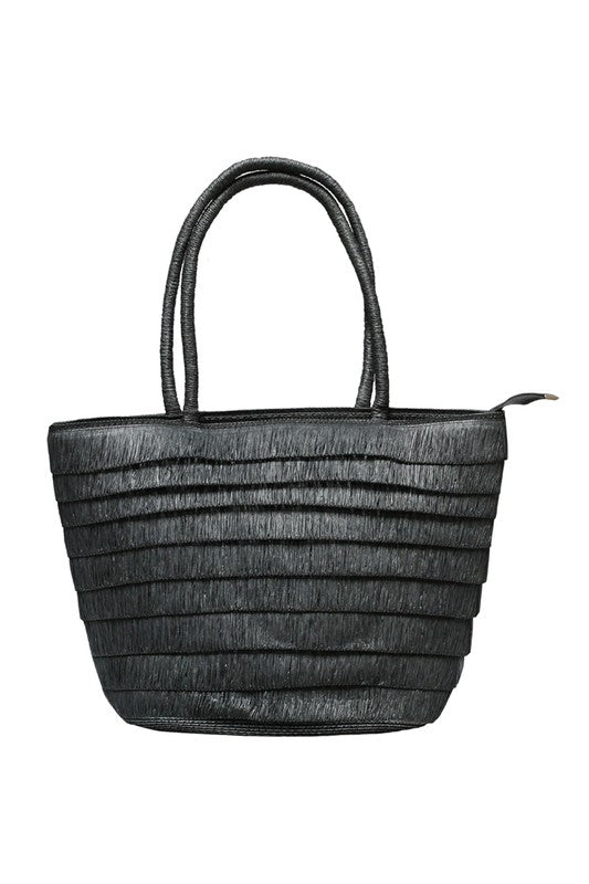 Black textured handbag on a white background