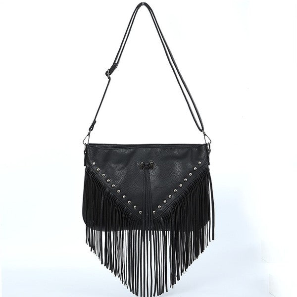 Black fringe handbag with studs on a white background