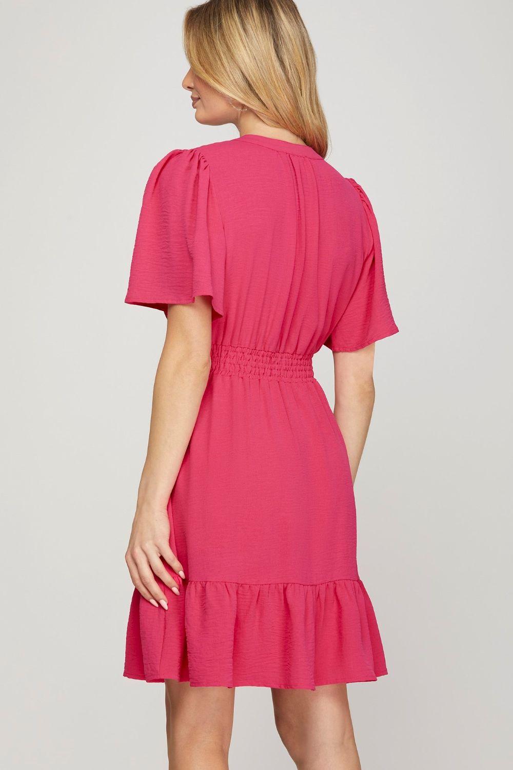 She + Sky Ruffled Hem Notched Flutter Sleeve Mini Dress - Leo’s Look Your Best