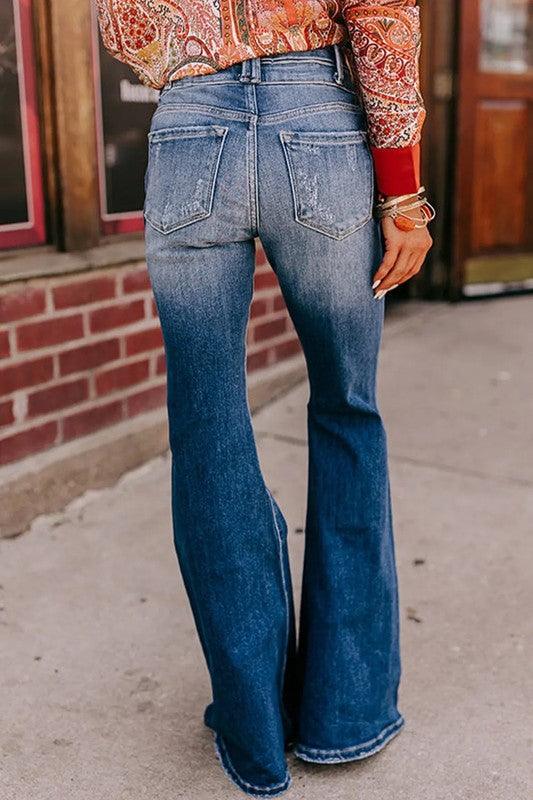 Sky Blue Button Fly Ripped High Waist Flare Jeans - Leo’s Look Your Best