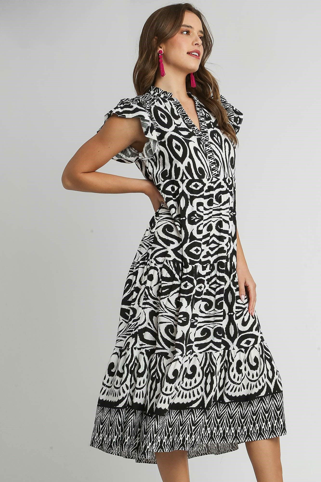 Umgee Full Size Two Tone Border Print Ruffle Cap Sleeve Midi Dress Plus Size - Leo’s Look Your Best