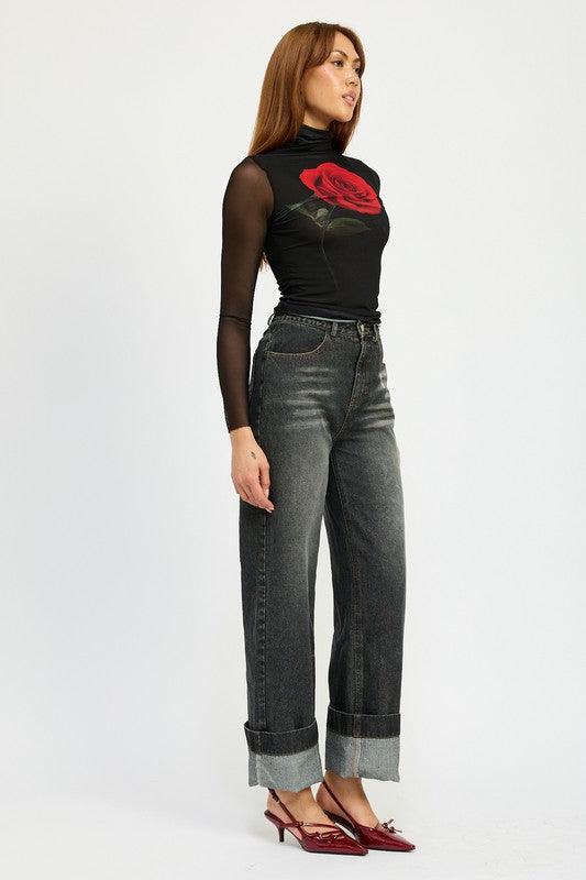 Washed Denim Pants With Fold Over Detail - Leo’s Look Your Best