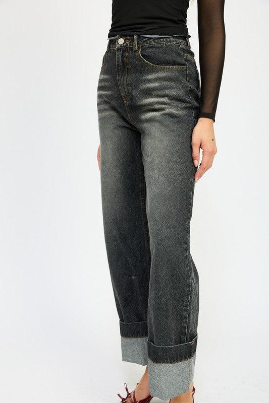 Washed Denim Pants With Fold Over Detail - Leo’s Look Your Best