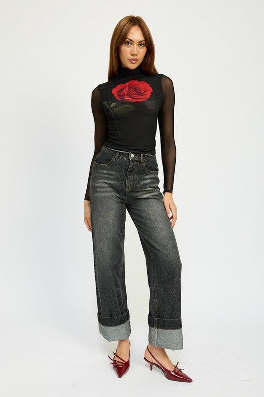 Washed Denim Pants With Fold Over Detail - Leo’s Look Your Best