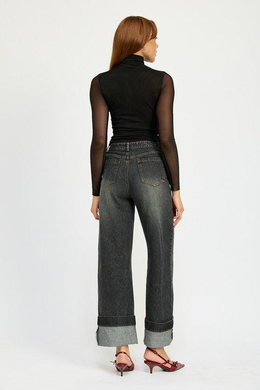 Washed Denim Pants With Fold Over Detail - Leo’s Look Your Best