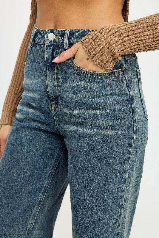 Washed Denim Pants With Fold Over Detail - Leo’s Look Your Best
