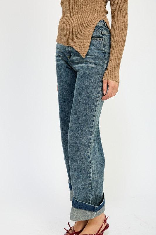 Washed Denim Pants With Fold Over Detail - Leo’s Look Your Best