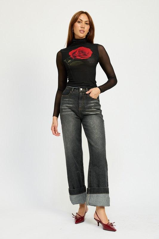 Washed Denim Pants With Fold Over Detail - Leo’s Look Your Best