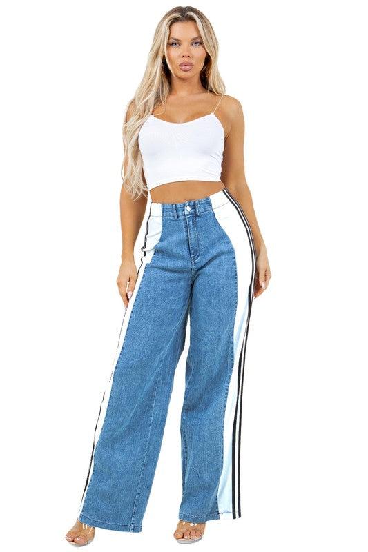Wide Leg Denim Side Strapped Jeans - Leo’s Look Your Best
