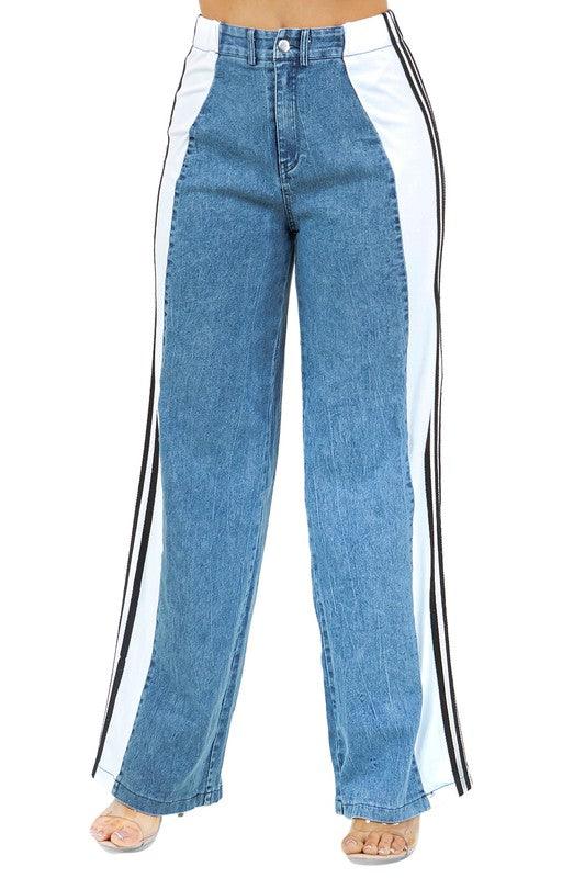 Wide Leg Denim Side Strapped Jeans - Leo’s Look Your Best