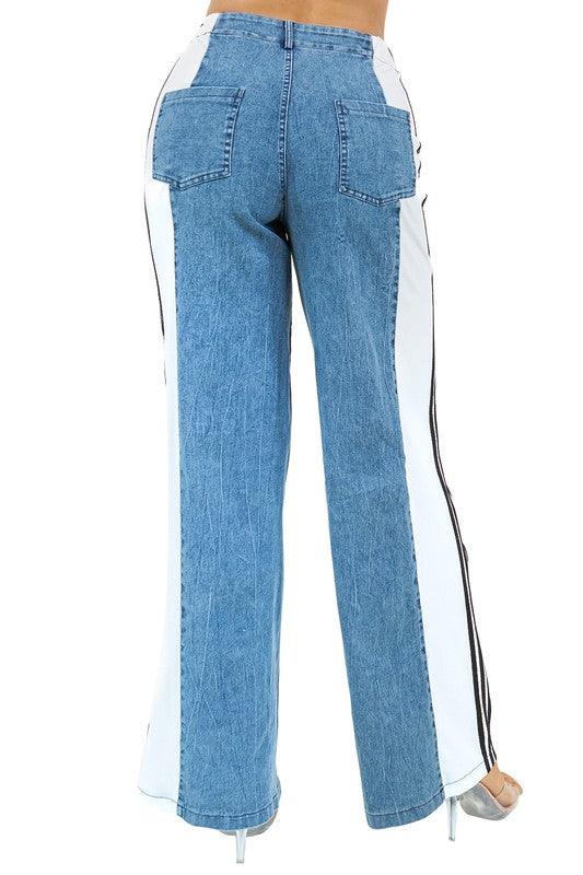 Denim Wide Leg Pants with Side Straps - Leo’s Look Your Best