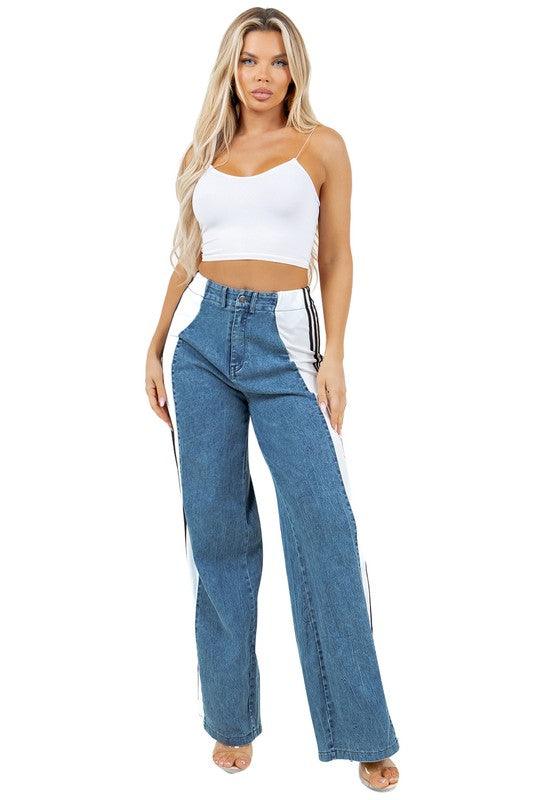 Denim Wide Leg Pants with Side Straps - Leo’s Look Your Best