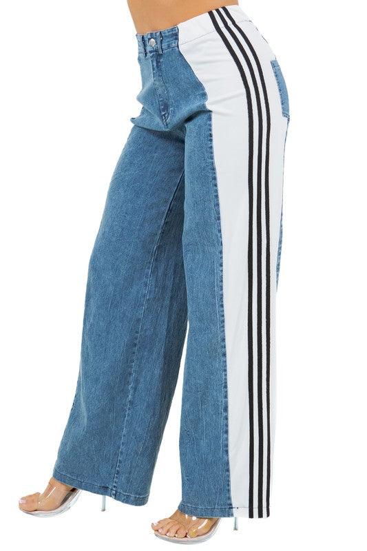 Wide Leg Denim Side Strapped Jeans - Leo’s Look Your Best