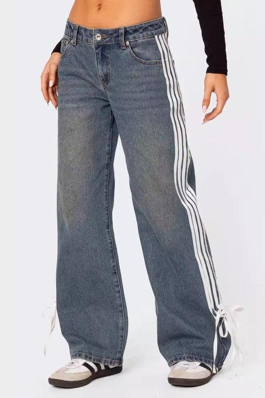 Side Strapped Denim Wide Leg Denim Pants - Leo’s Look Your Best