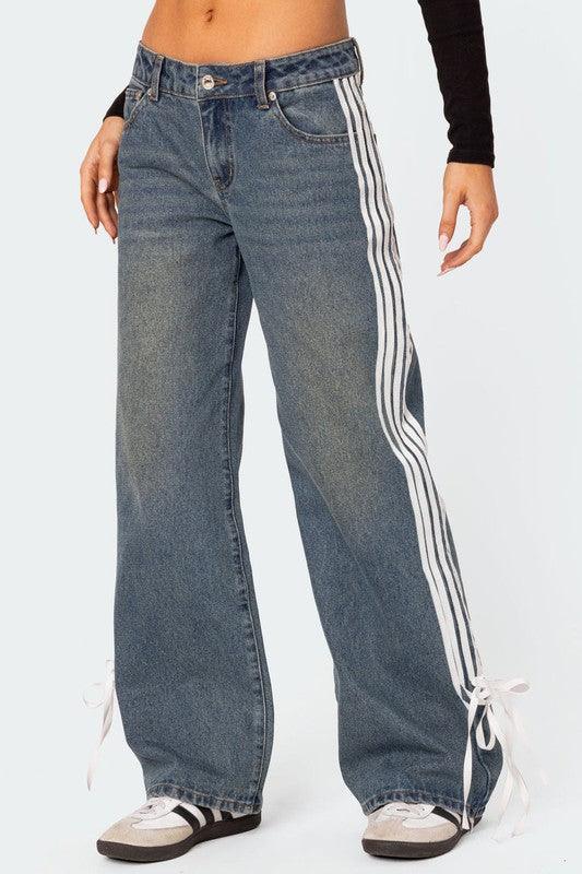 Side Strapped Denim Wide Leg Denim Pants - Leo’s Look Your Best