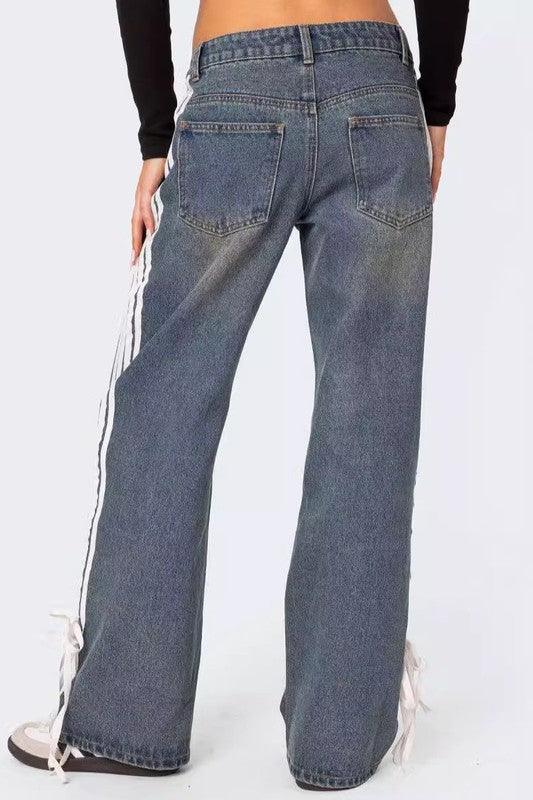 Side Strapped Denim Wide Leg Denim Pants - Leo’s Look Your Best