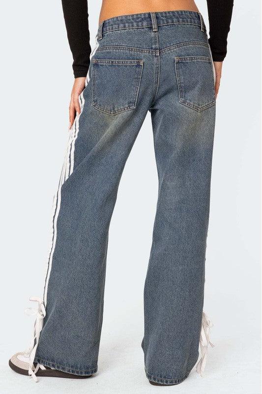 Side Strapped Denim Wide Leg Denim Pants - Leo’s Look Your Best