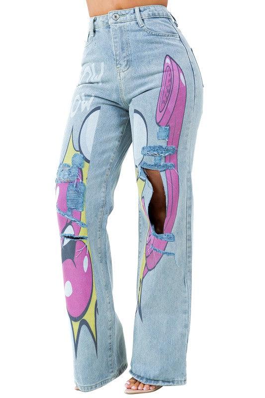 Graffiti Print Wide Leg Jeans - Leo’s Look Your Best