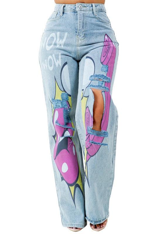 Graffiti Print Wide Leg Jeans - Leo’s Look Your Best