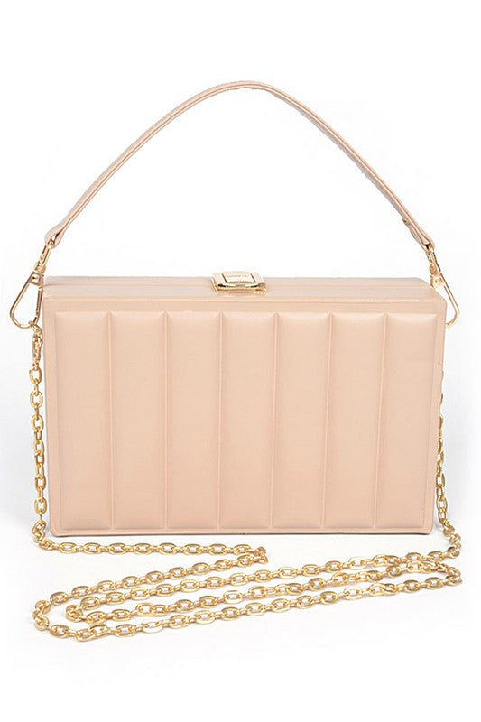 Beige handbag with a gold chain on a white background
