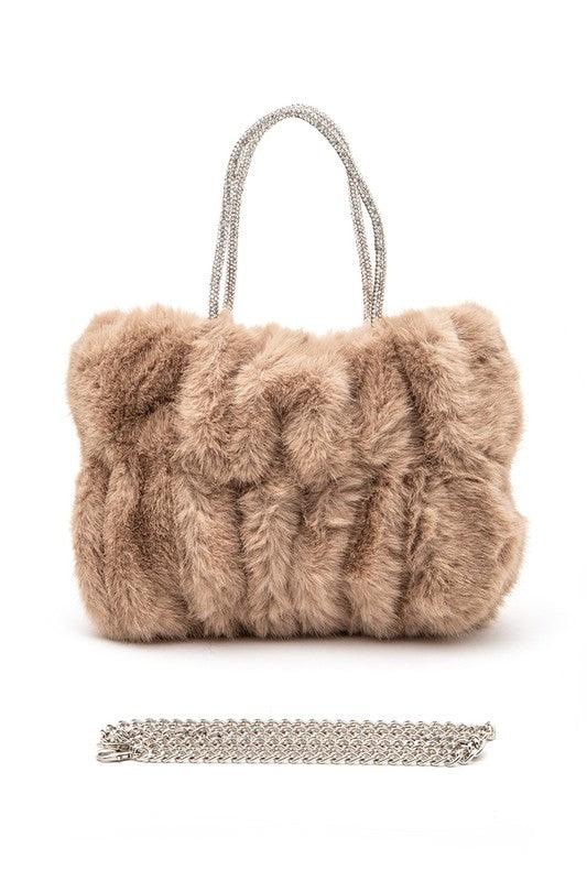 Rhinestone Top Handle Faux Fur Winter Tote Bag - Leo’s Look Your Best