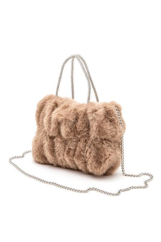 Rhinestone Top Handle Faux Fur Winter Tote Bag - Leo’s Look Your Best