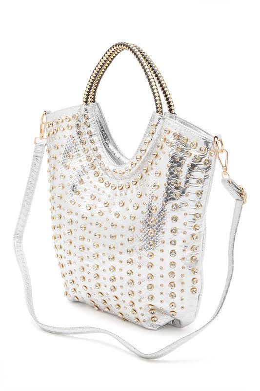 Crystal Studs Embellished Top Handle Tote Bag - Leo’s Look Your Best