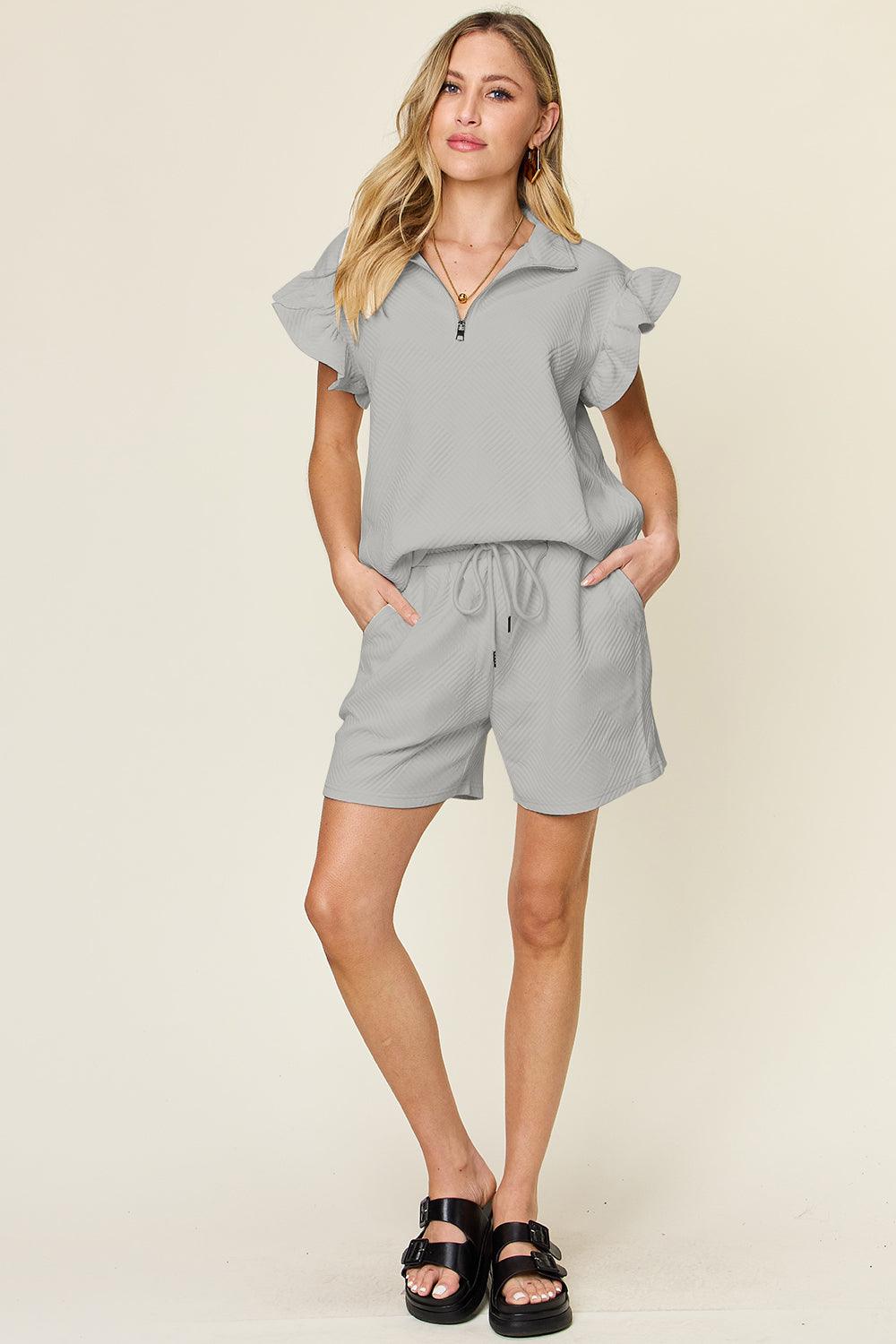 Double Take Full Size Texture Flounce Sleeve Top and Drawstring Shorts Set - Leo’s Look Your Best