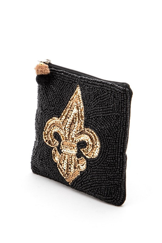 Black beaded pouch with a gold fleur-de-lis design on a white background