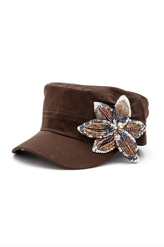 Beaded 3D Flower Statement Cadet Hat - Leo’s Look Your Best