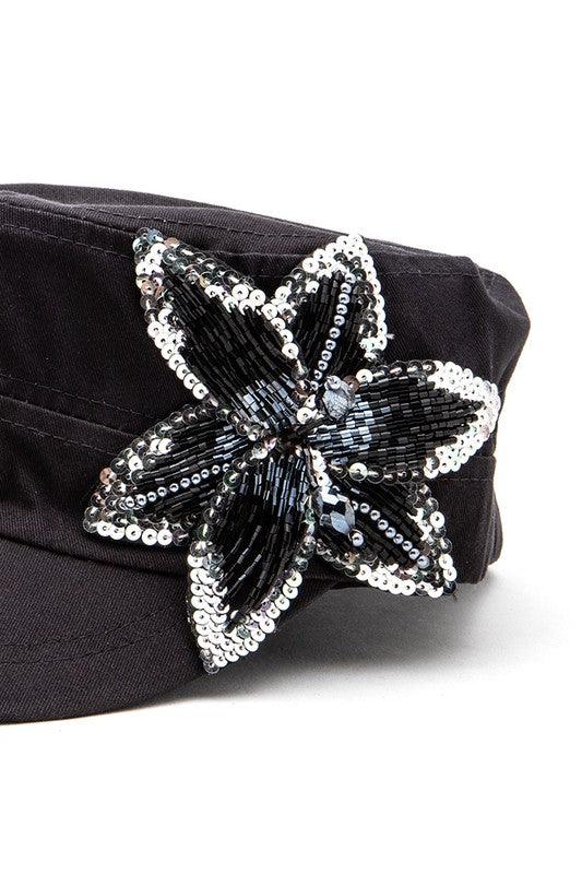 Beaded 3D Flower Statement Cadet Hat - Leo’s Look Your Best