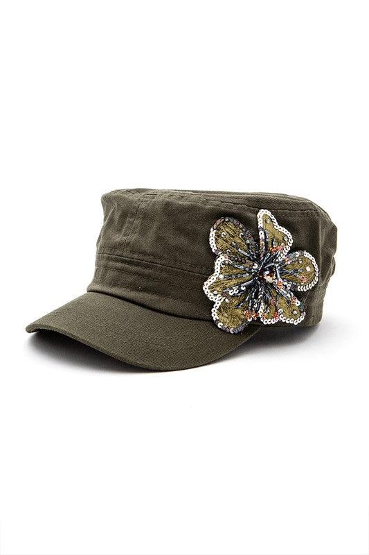 Sequins Beaded Cadet Hat 3D Flower - Leo’s Look Your Best