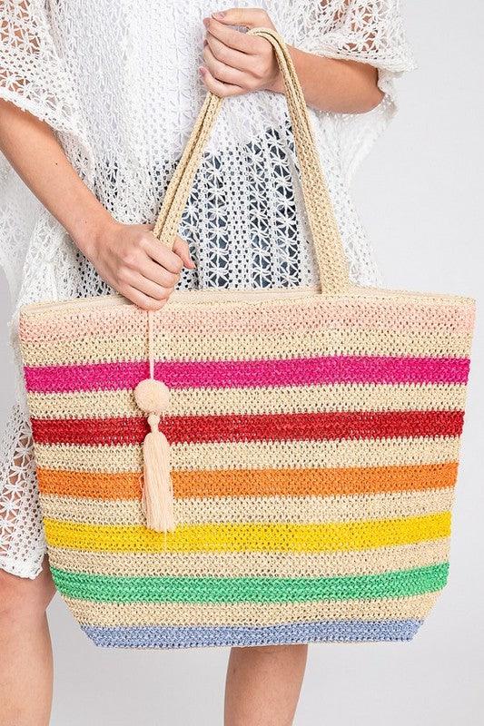 Rainbow Stripe Faux Straw Tote Bag Set - Leo’s Look Your Best