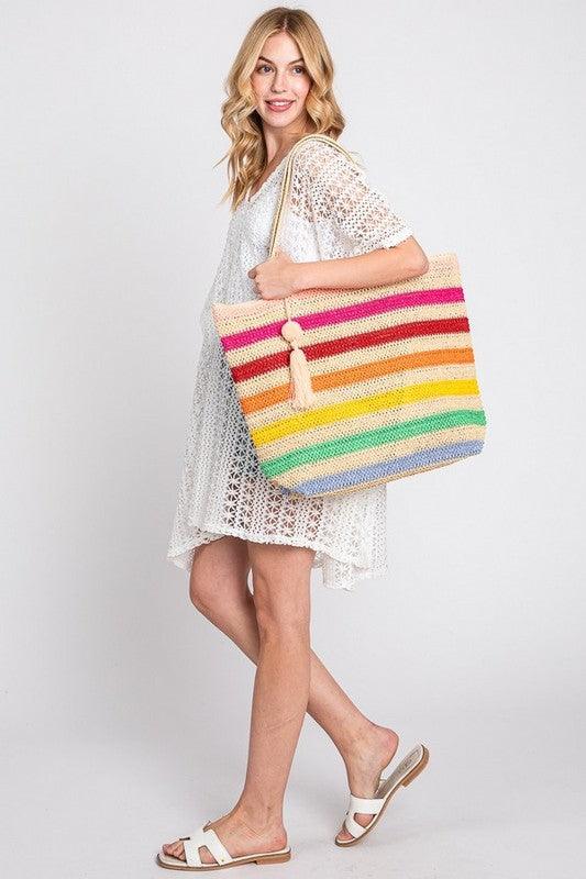 Rainbow Stripe Faux Straw Tote Bag Set - Leo’s Look Your Best