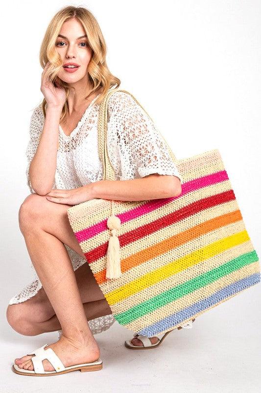 Rainbow Stripe Faux Straw Tote Bag Set - Leo’s Look Your Best