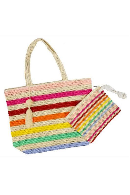 Rainbow Stripe Faux Straw Tote Bag Set - Leo’s Look Your Best