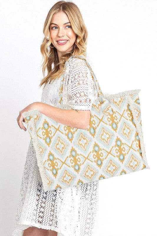 Fringe Edge Boho Printed Fashion Tote - Leo’s Look Your Best