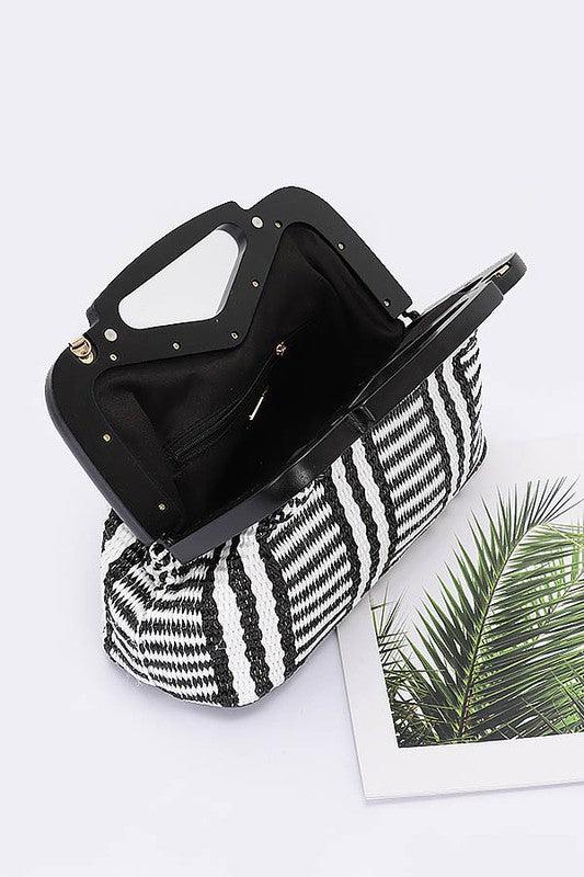 Wooden Frame Faux Straw Top Handle Clutch - Leo’s Look Your Best