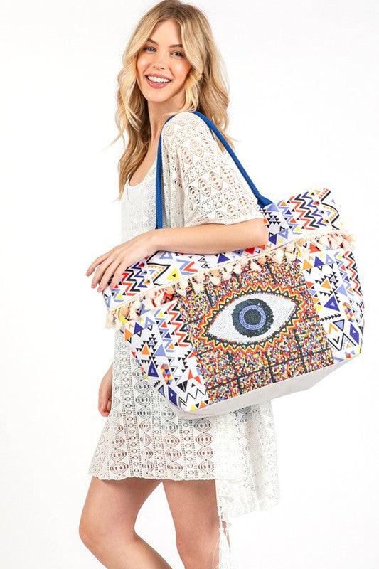 Evil Eye Boho Printed Pom Pom Oversize Tote - Leo’s Look Your Best