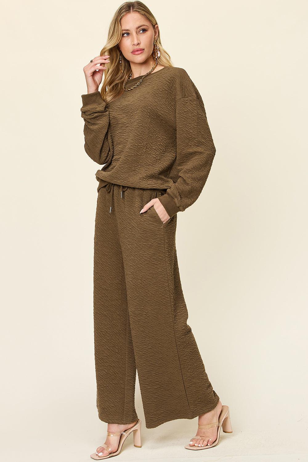Double Take Full Size Texture Long Sleeve Top and Pants Set - Leo’s Look Your Best