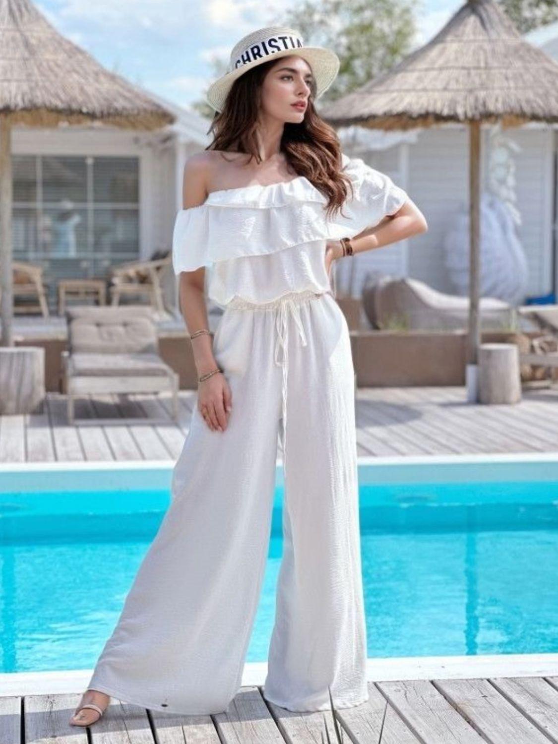 Ruffled Off Shoulder Wide Leg Jumpsuit - Leo’s Look Your Best