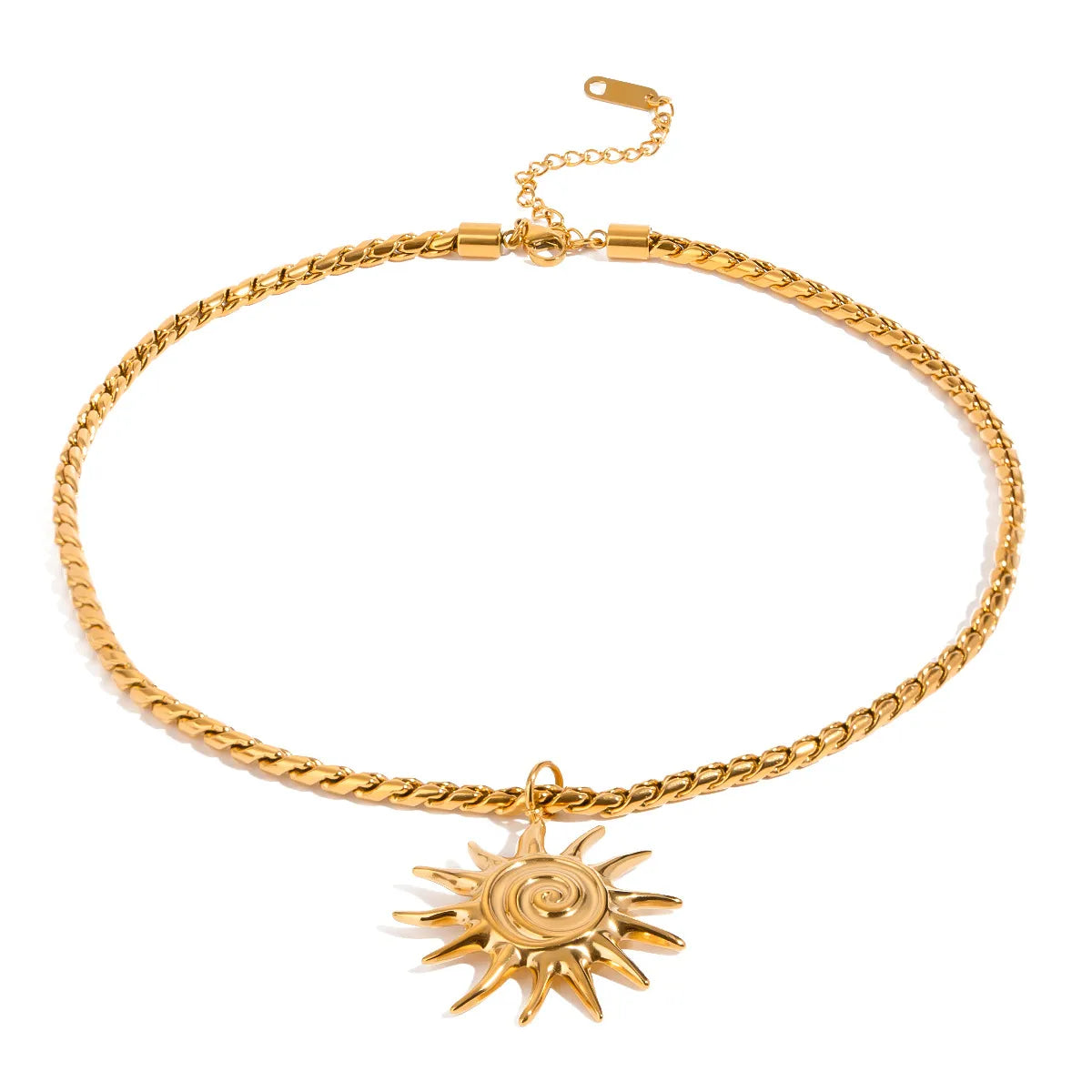 Gold necklace with a sun pendant on a white background