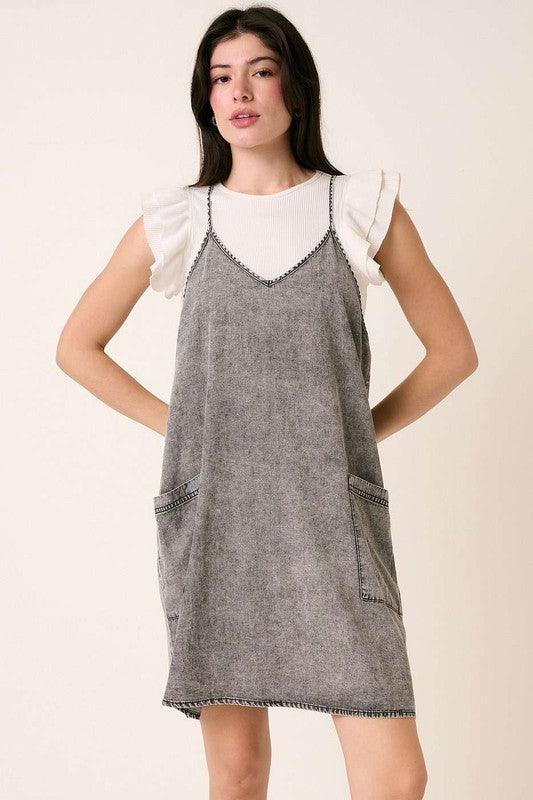 Mittoshop Washed Patch Pocket Mini Cami Denim Dress - Leo’s Look Your Best