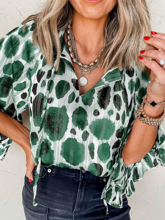 Printed Tie Neck Three-Quarter Sleeve Blouse - Leo’s Look Your Best