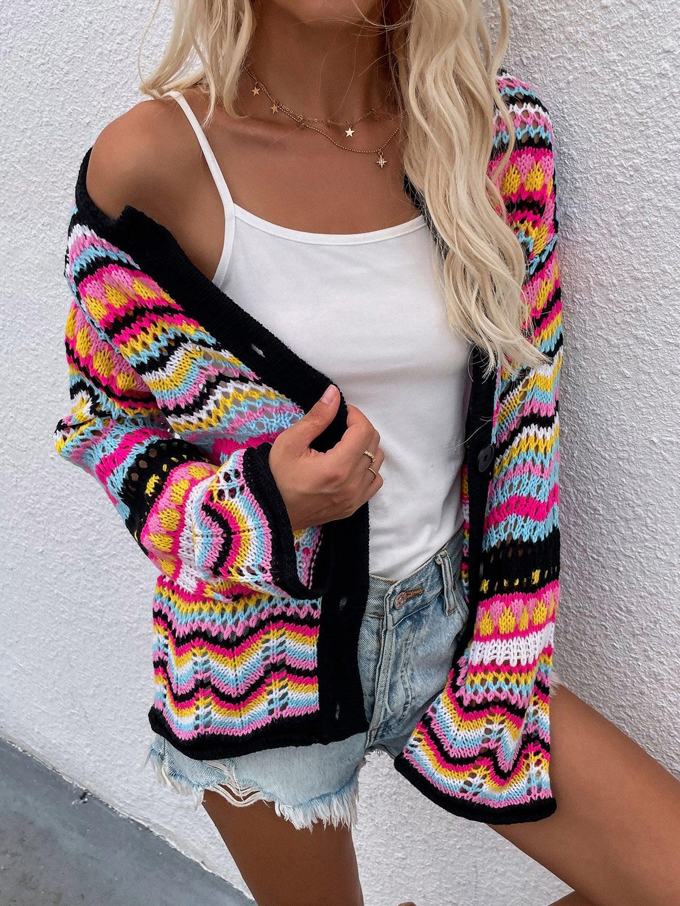 Chevron Stripes Openwork Cardigan - Leo’s Look Your Best