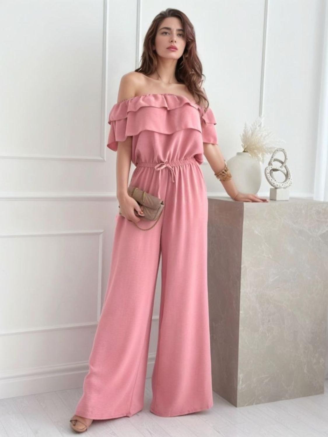 Ruffled Off Shoulder Wide Leg Jumpsuit - Leo’s Look Your Best